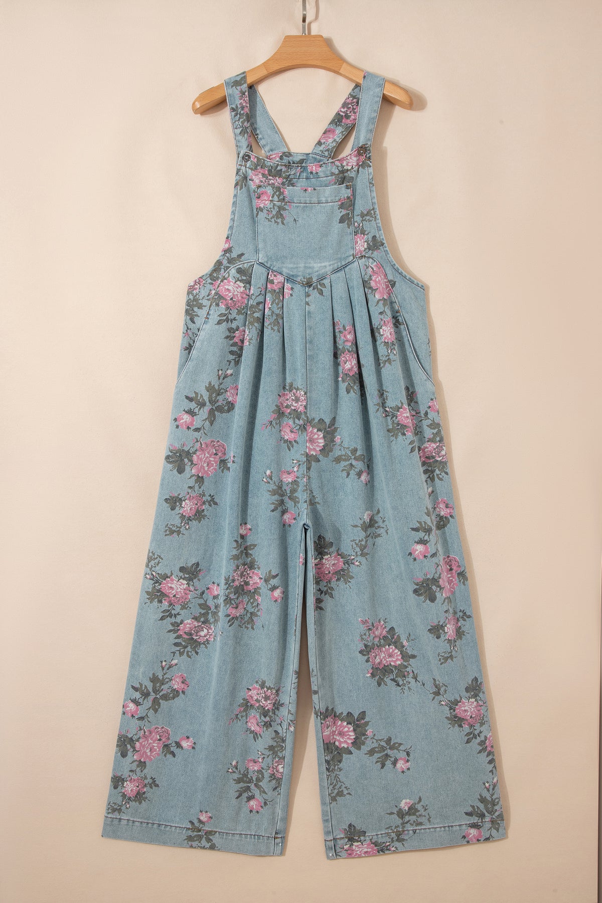 Gray Beau Floral Print Pleated High Waist Wide Leg Denim Jumpsuit