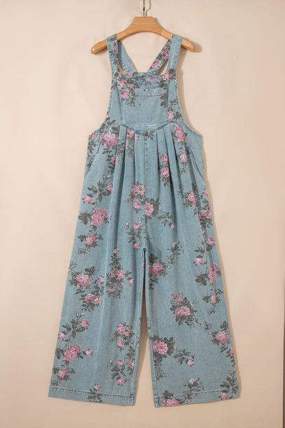 Gray Beau Floral Print Pleated High Waist Wide Leg Denim Jumpsuit