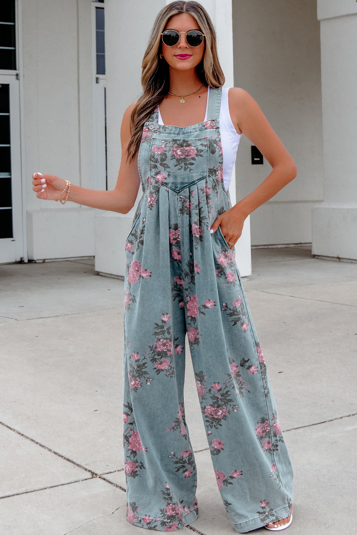 Gray Beau Floral Print Pleated High Waist Wide Leg Denim Jumpsuit