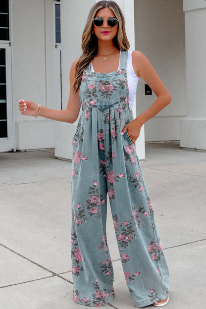 Gray Beau Floral Print Pleated High Waist Wide Leg Denim Jumpsuit