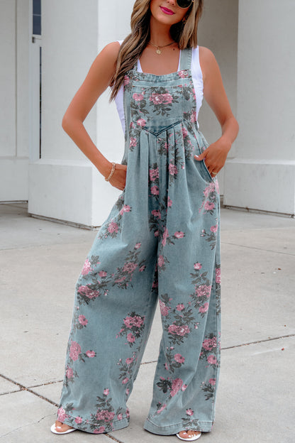Gray Beau Floral Print Pleated High Waist Wide Leg Denim Jumpsuit