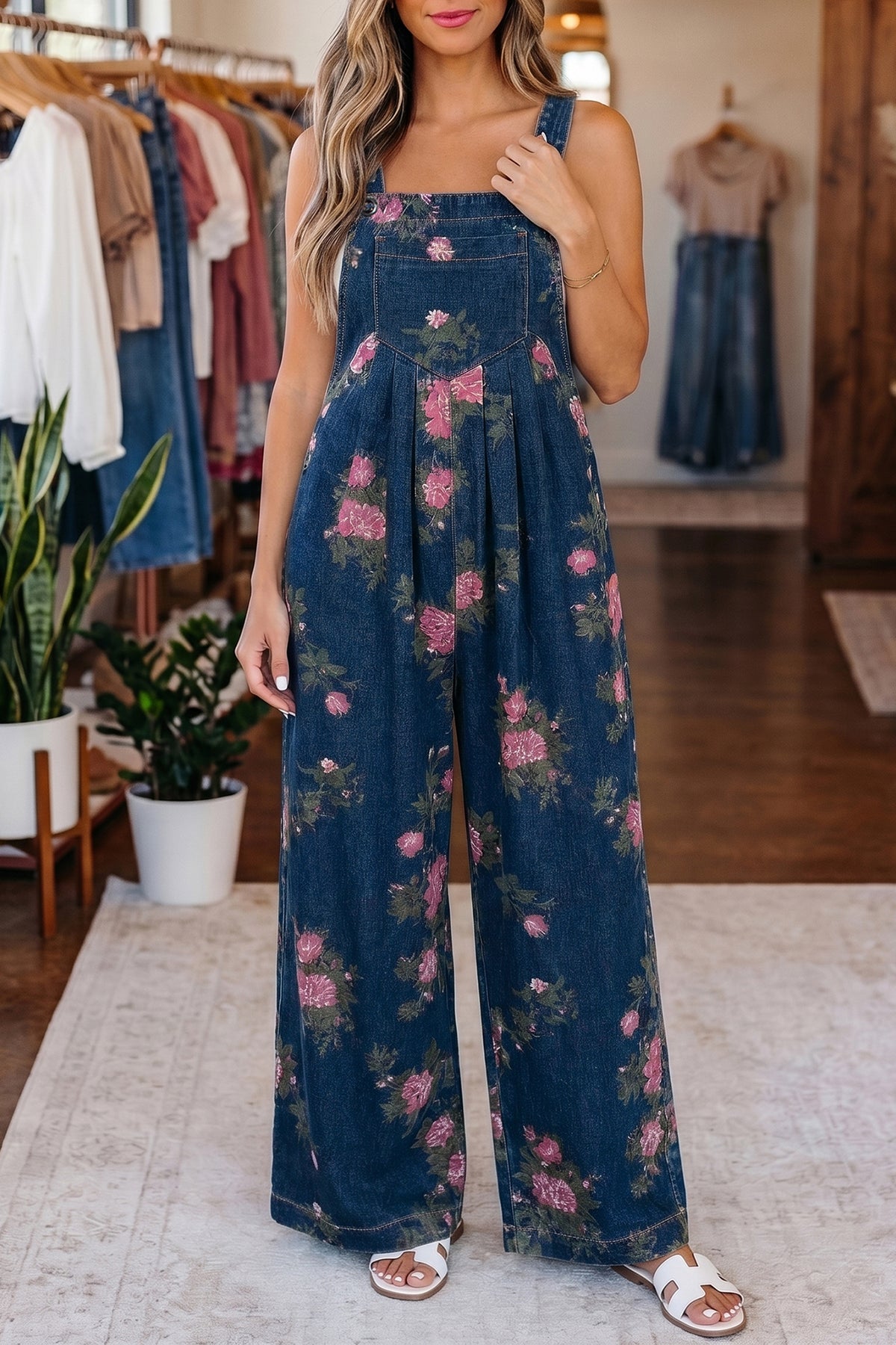 Gray Beau Floral Print Pleated High Waist Wide Leg Denim Jumpsuit