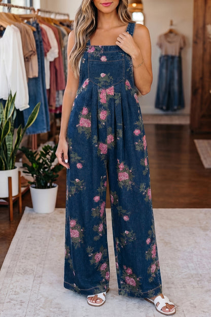 Gray Beau Floral Print Pleated High Waist Wide Leg Denim Jumpsuit